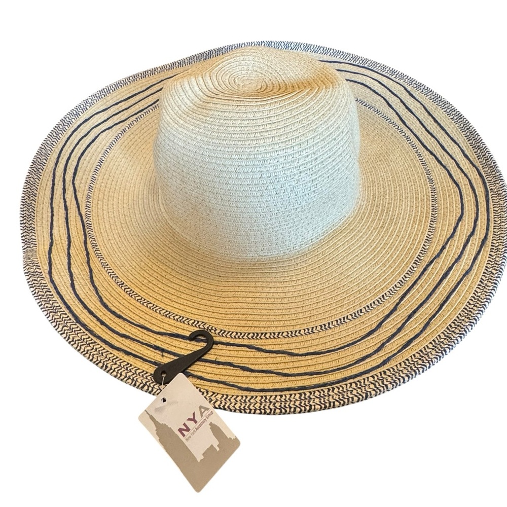 Women's Tan Wide Brim Sun Hat With Blue Trim - Picture 1 of 11